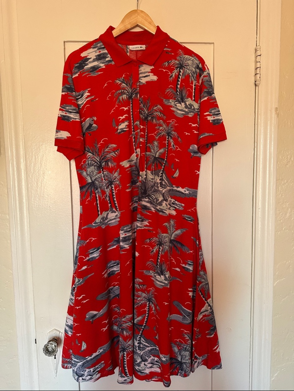 Lacoste Hawaian Print Red Polo Collar Dress with Belt Size XL Size 42
